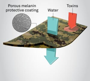 Porous melanin applied to fabric allows water to pass through while blocking harmful toxins.